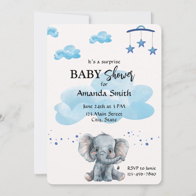 Cute Elephant Surprise Baby Shower Blue Invitation (Front)