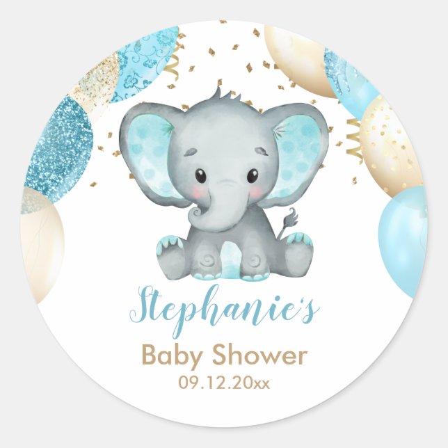 Cute Elephant Turquiose Gold Balloons Baby Shower Classic Round Sticker (Front)
