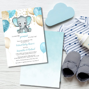 Cute Elephant Turquiose Gold Balloons Baby Shower Invitation