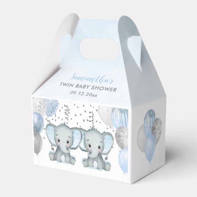 Cute Elephant Twin Boys Balloon Baby Shower Favor Box (Front Side)