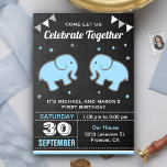 Cute Elephant Twin Boys Birthday Party Invitation<br><div class="desc">Amaze your guests with this twins birthday party invite featuring adorable little elephants with vibrant elements against a chalkboard background. Simply add your event details on this easy-to-use template to make it a one-of-a-kind invitation. Flip the card over to reveal an elegant blue and white stripes pattern on the back...</div>