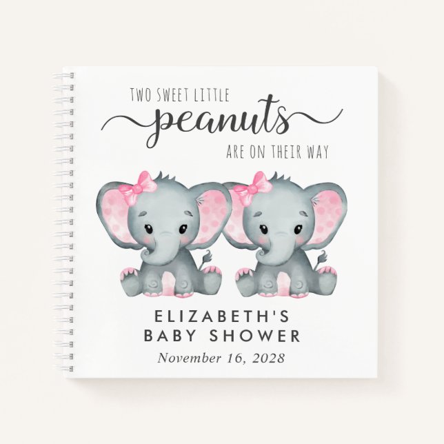 Cute Elephant Twin Girls Baby Shower Guest Book (Front)