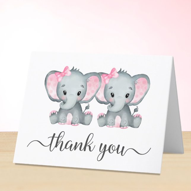 Cute Elephant Twin Girls Baby Shower Thank You Card (Creator Uploaded)