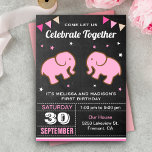 Cute Elephant Twin Girls Birthday Party Invitation<br><div class="desc">Amaze your guests with this twins birthday party invite featuring adorable little elephants with vibrant elements against a chalkboard background. Simply add your event details on this easy-to-use template to make it a one-of-a-kind invitation. Flip the card over to reveal an elegant pink and white stripes pattern on the back...</div>