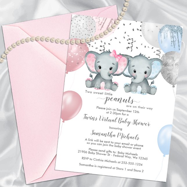 Cute Elephant Twins Balloon Virtual Baby Shower Invitation (Cute Elephant Twins Balloon Virtual Baby Shower Invitation)