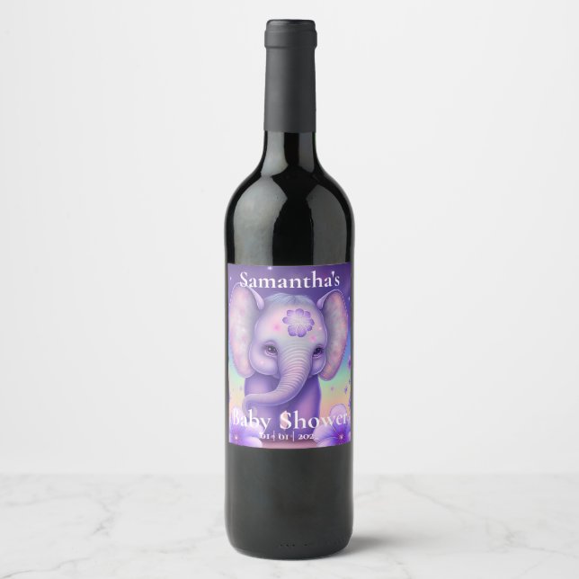 Cute Elephant violet Baby shower Étiquette de vin (Devant)