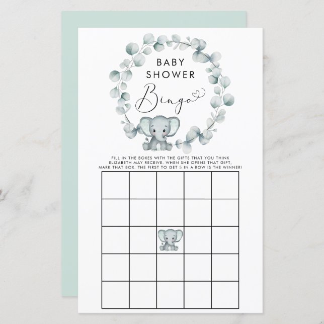 Cute Elephant Watercolor Baby Bingo Shower Game (Front/Back)