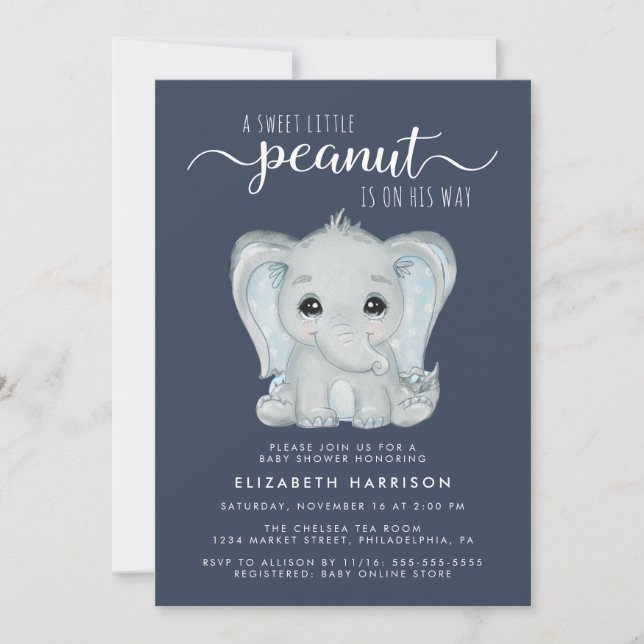 Cute Elephant Watercolor Baby Boy Shower Invitation (Front)