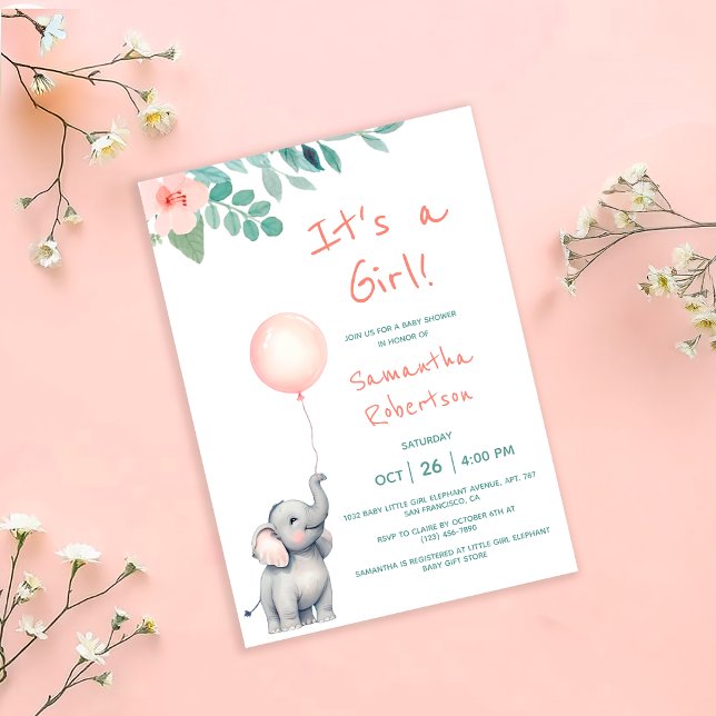 Cute Elephant Watercolor Balloon Pink Baby Shower Invitation (Creator Uploaded)