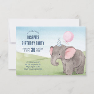 Cute elephant watercolor birthday invitation