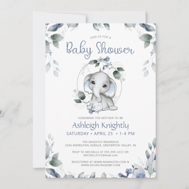 Cute Elephant Watercolor Greenery Baby Shower Invitation (Front)