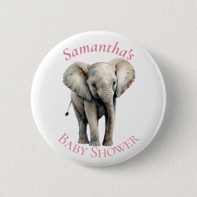 Cute Elephant  Watercolor Pink Baby Shower  Button (Front)