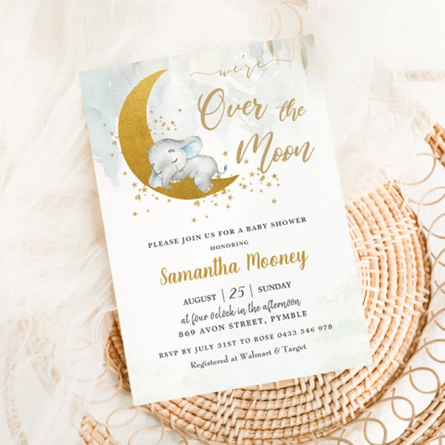 Cute Elephant We're Over the Moon Boy Baby Shower  Invitation (Creator Uploaded)