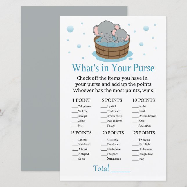 Cute Elephant What's in your purse game (Front/Back)