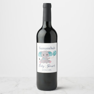 Cute Elephant White Blue baby shower Wine Label