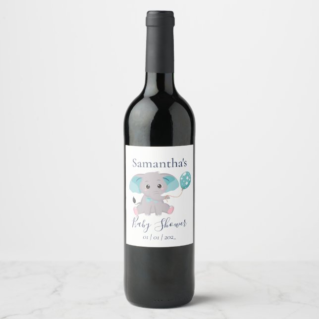 Cute Elephant White Blue baby shower  Wine Label (Front)