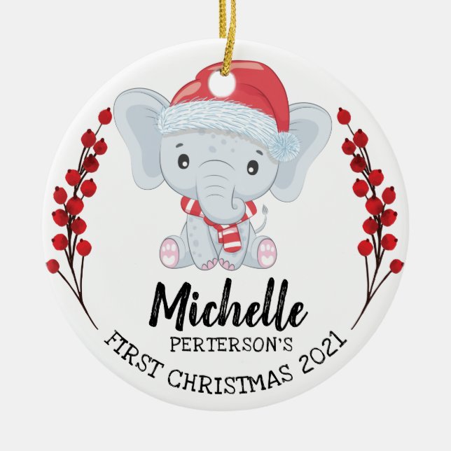 Cute Elephant Winter Holiday Baby's 1st Christmas Ceramic Ornament (Front)