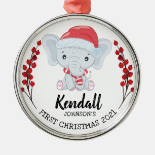 Cute Elephant Winter Holiday Baby's 1st Christmas Metal Ornament