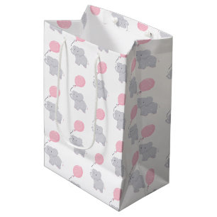 Cute Elephant with Balloon Baby Girl Medium Gift Bag