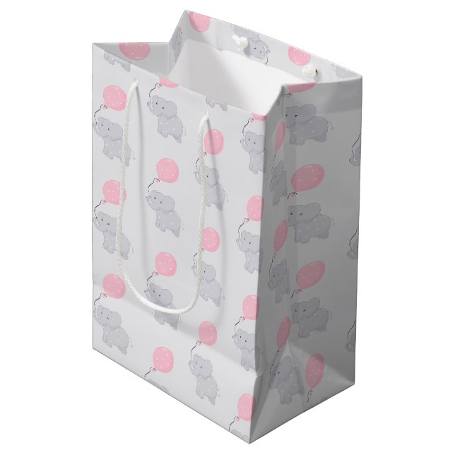 Cute Elephant with Balloon | Baby Girl Medium Gift Bag (Front Angled)