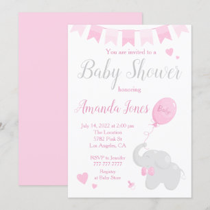 Cute Elephant with Balloon Baby Shower Girl Invitation