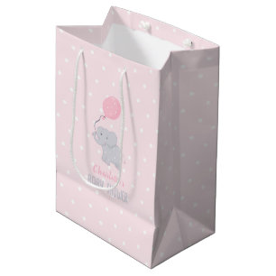 Cute Elephant with Balloon Baby Shower Girl Medium Gift Bag