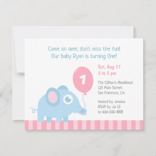 Cute Elephant with Balloon Kids First Birthday Invitation