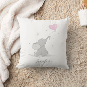 Cute Elephant with Balloon Name Throw Pillow