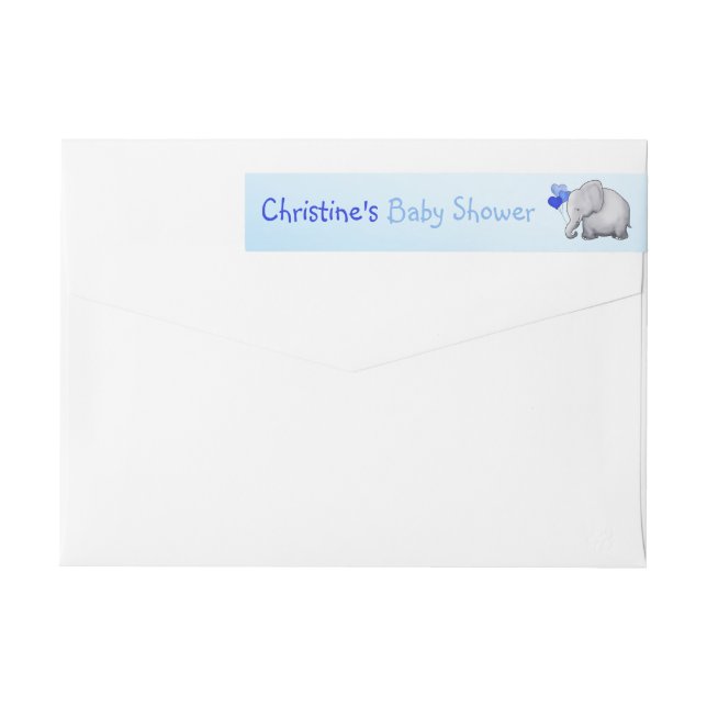 Cute Elephant with Blue Balloons Boy Baby Shower Wrap Around Label (Back)