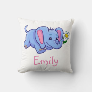 Cute Elephant with Flower Jungle Animal Kids Name Throw Pillow