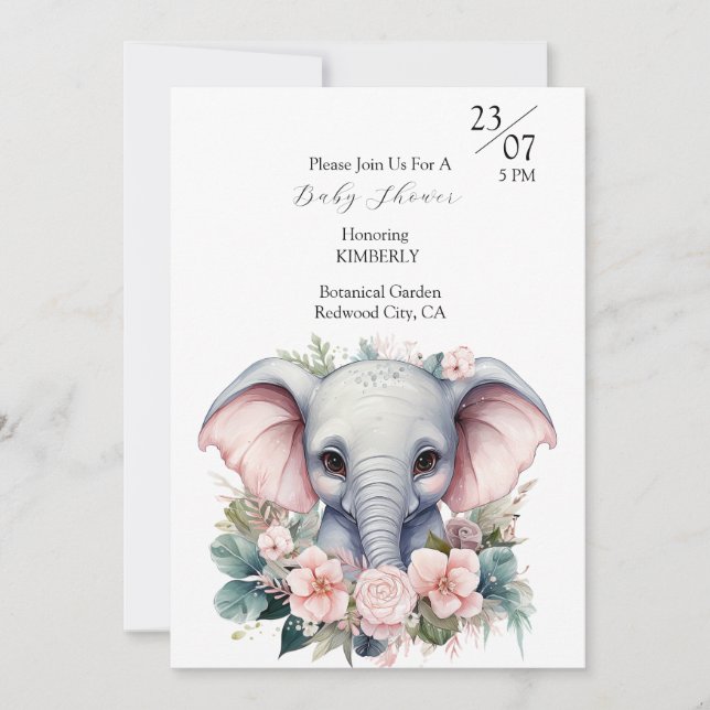 Cute Elephant with Flowers Invitation (Front)