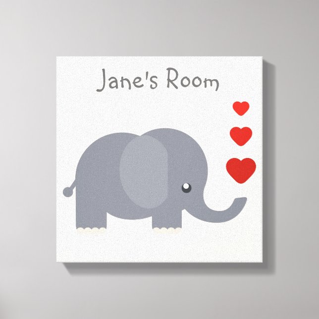Cute elephant with hearts customisable kid's art canvas print (Front)