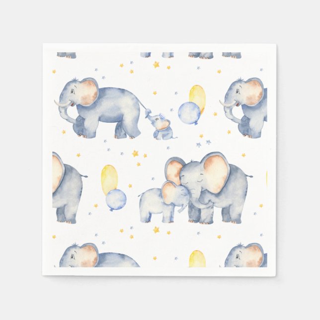 Cute Elephant with Mommy Watercolor Baby Shower Napkin (Front)