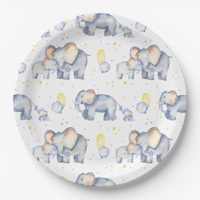 Cute Elephant with Mommy Watercolor Baby Shower Paper Plate (Front)