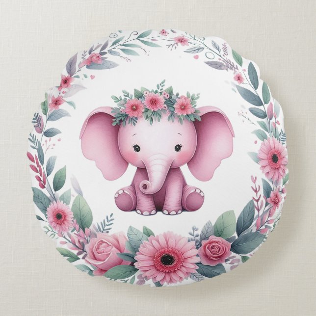 Cute Elephant with Pink Floral Round Pillow (Front)
