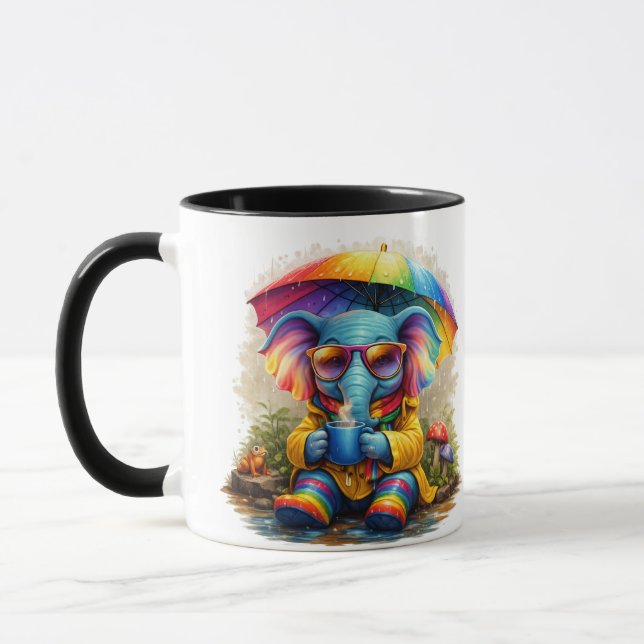 Cute Elephant with Rainbow Umbrella Coffee Mug (Left)