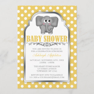 Cute Elephant Yellow Polka Dot Baby Shower Invitation