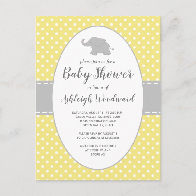 Cute Elephant Yellow Polka Dot Neutral Baby Shower Invitation Postcard (Front)