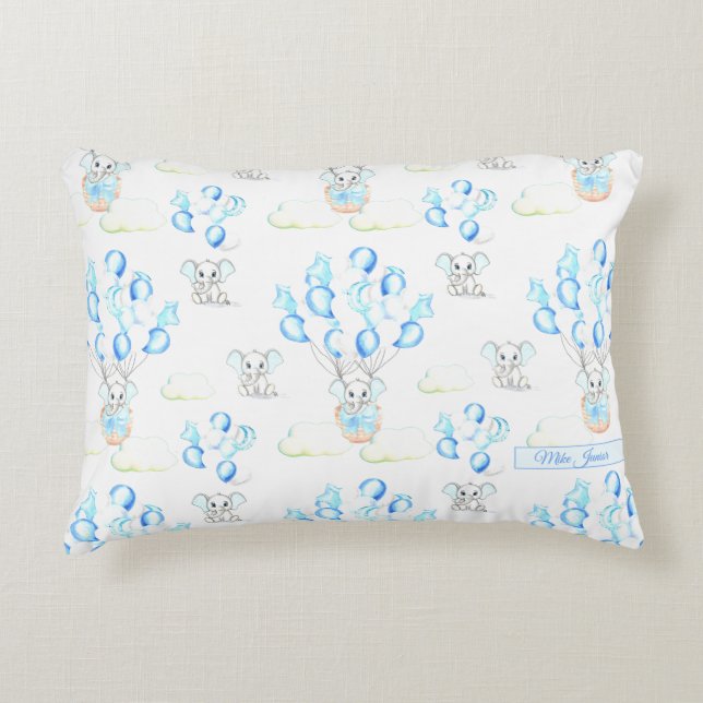 Cute Elephants Balloons & Clouds Baby Boy Pattern Accent Pillow (Front)