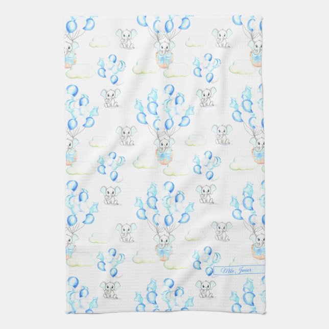 Cute Elephants Balloons & Clouds Baby Boy Pattern Kitchen Towel (Vertical)