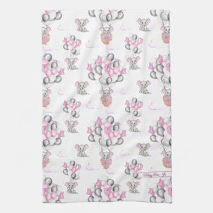 Cute Elephants Balloons & Clouds Baby Girl Kitchen Towel
