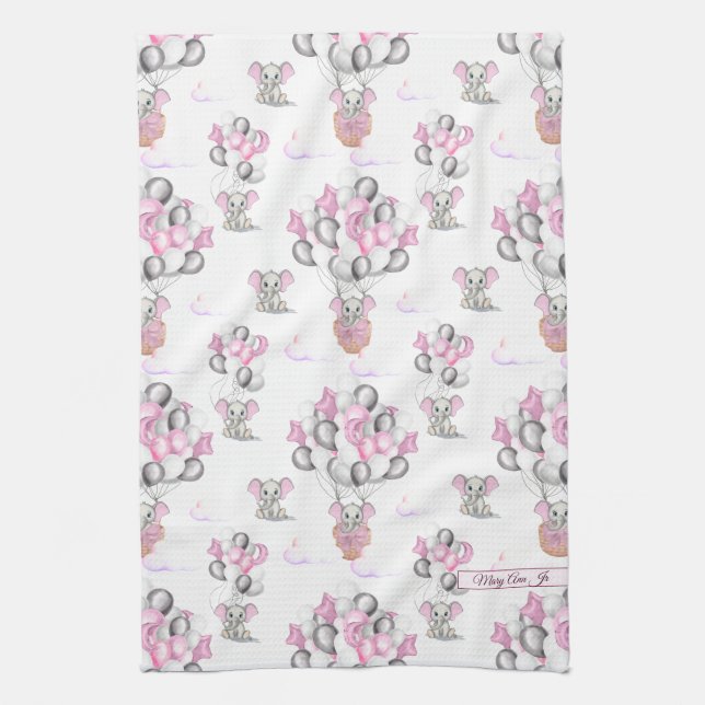 Cute Elephants Balloons & Clouds Baby Girl Kitchen Towel (Vertical)