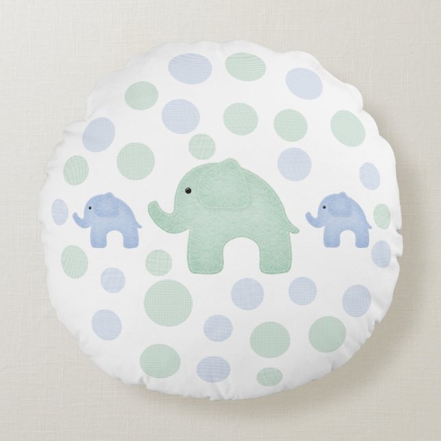 Cute Elephants Blue Green Polkadots Nursery Round Pillow (Front)