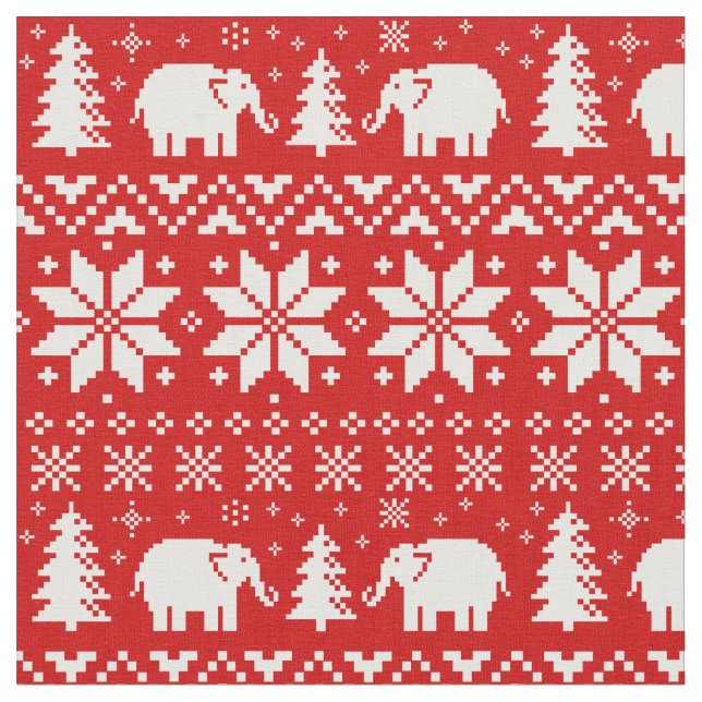 Cute Elephants Christmas Holiday Pattern Red Fabric (Close Up)