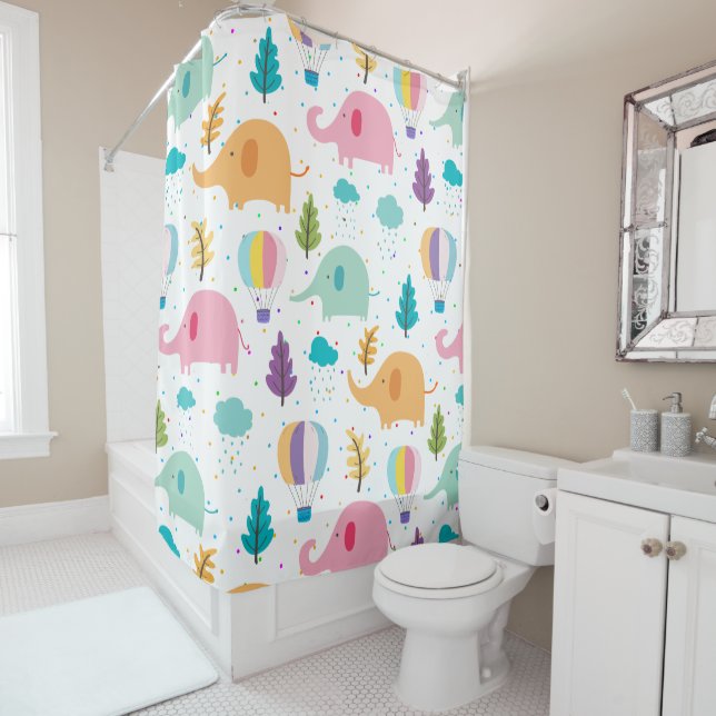 Cute elephants hot-air balloons and leaves pattern (In Situ)