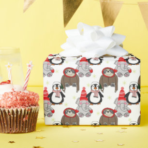 Cute elephants, penguin and sloths pattern wrapping paper
