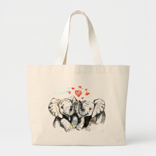 Cute Elephants Romantic Love - Watercolor Painting Large Tote Bag (Front)