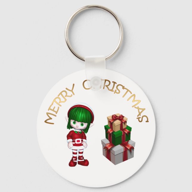 Cute Elf and Gifts Merry Christmas Keychain (Front)