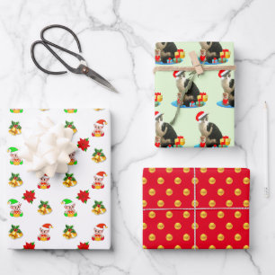 Cute Elf, Bells, Carol Cat & Golden Polka Dots Wrapping Paper Sheet