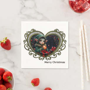Cute Elf Child in Green Hooded Coat  Napkin